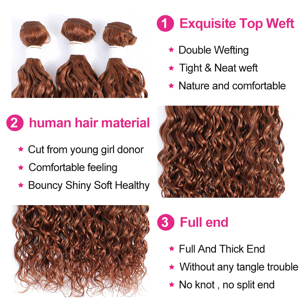 Kemy Hair Light Brown Water Wave Three Human Hair Bundles